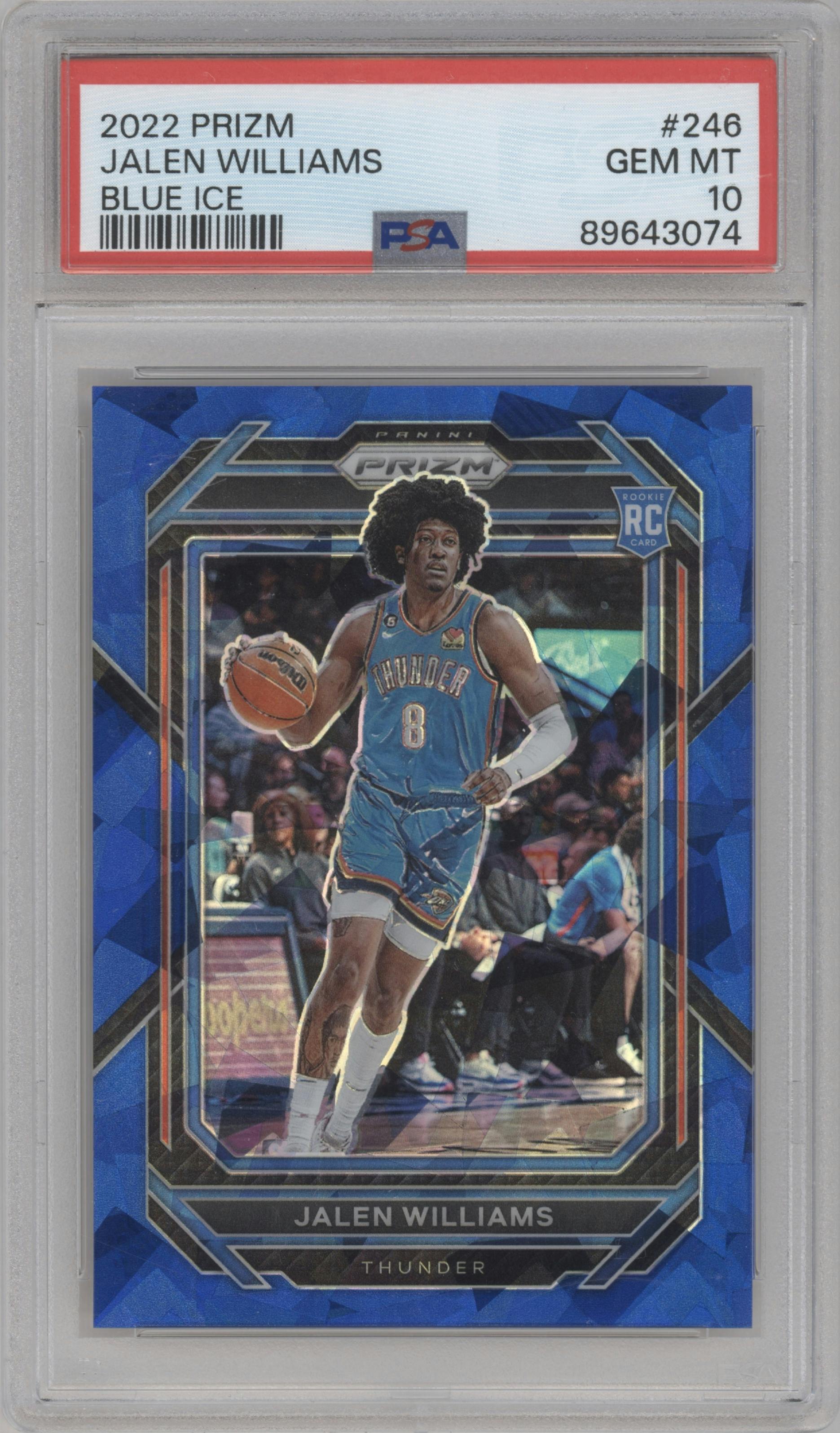 Jalen Williams from the 2022-23 Panini Prizm  set featuring a Blue Ice parallel graded by PSA and given an overall grade of 10.