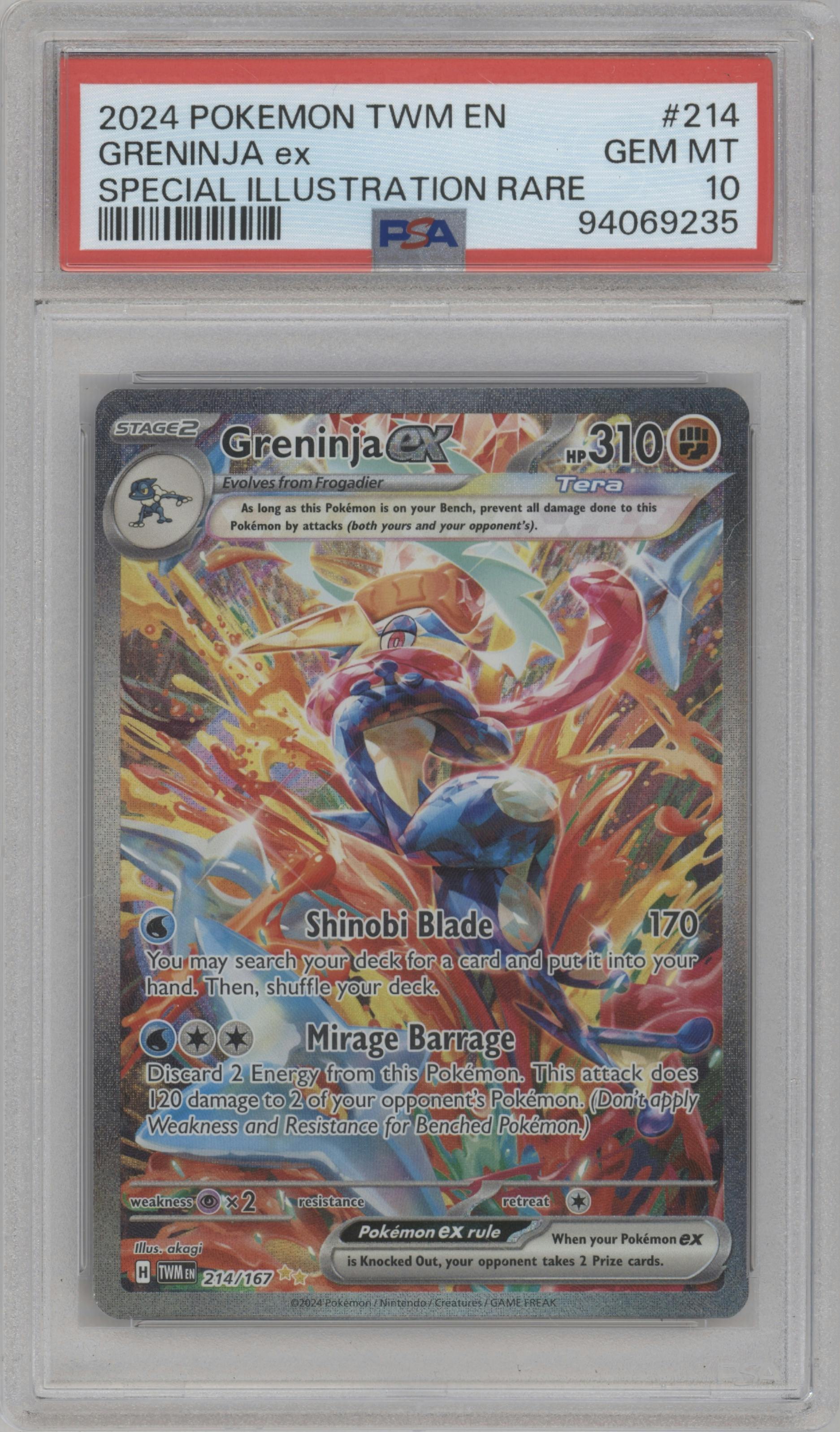Greninja ex from the 2024 Pokemon SV set graded by PSA and given an overall grade of 10.