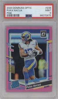 Puka Nacua from the 2023 Donruss Optic set featuring a Pink parallel graded by PSA and given an overall grade of 9.