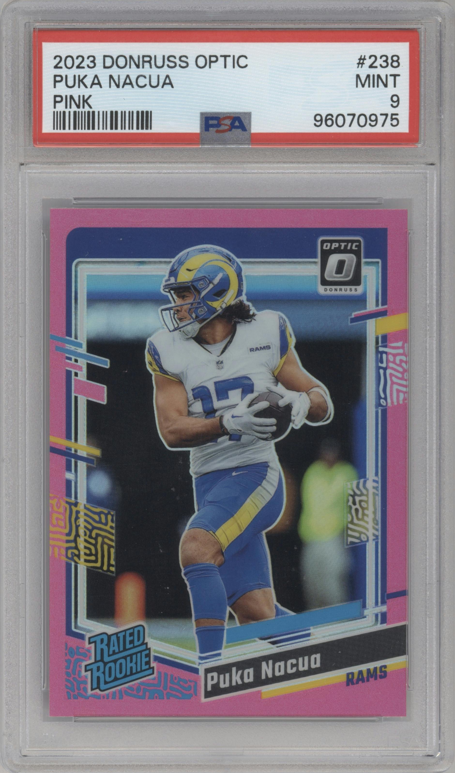 Puka Nacua from the 2023 Donruss Optic set featuring a Pink parallel graded by PSA and given an overall grade of 9.