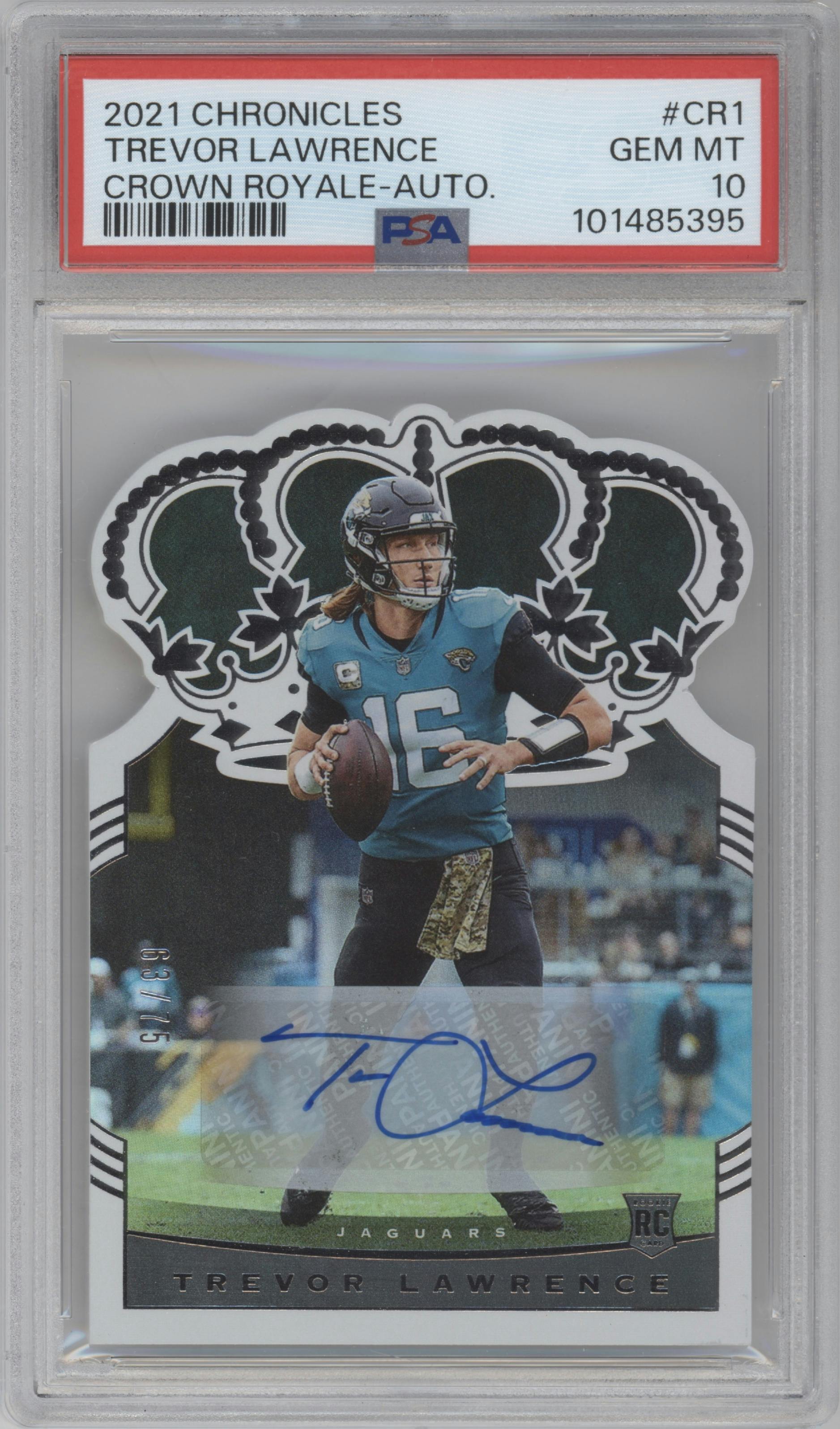 Trevor Lawrence from the 2021 Panini Chronicles set graded by PSA and given an overall grade of 10.