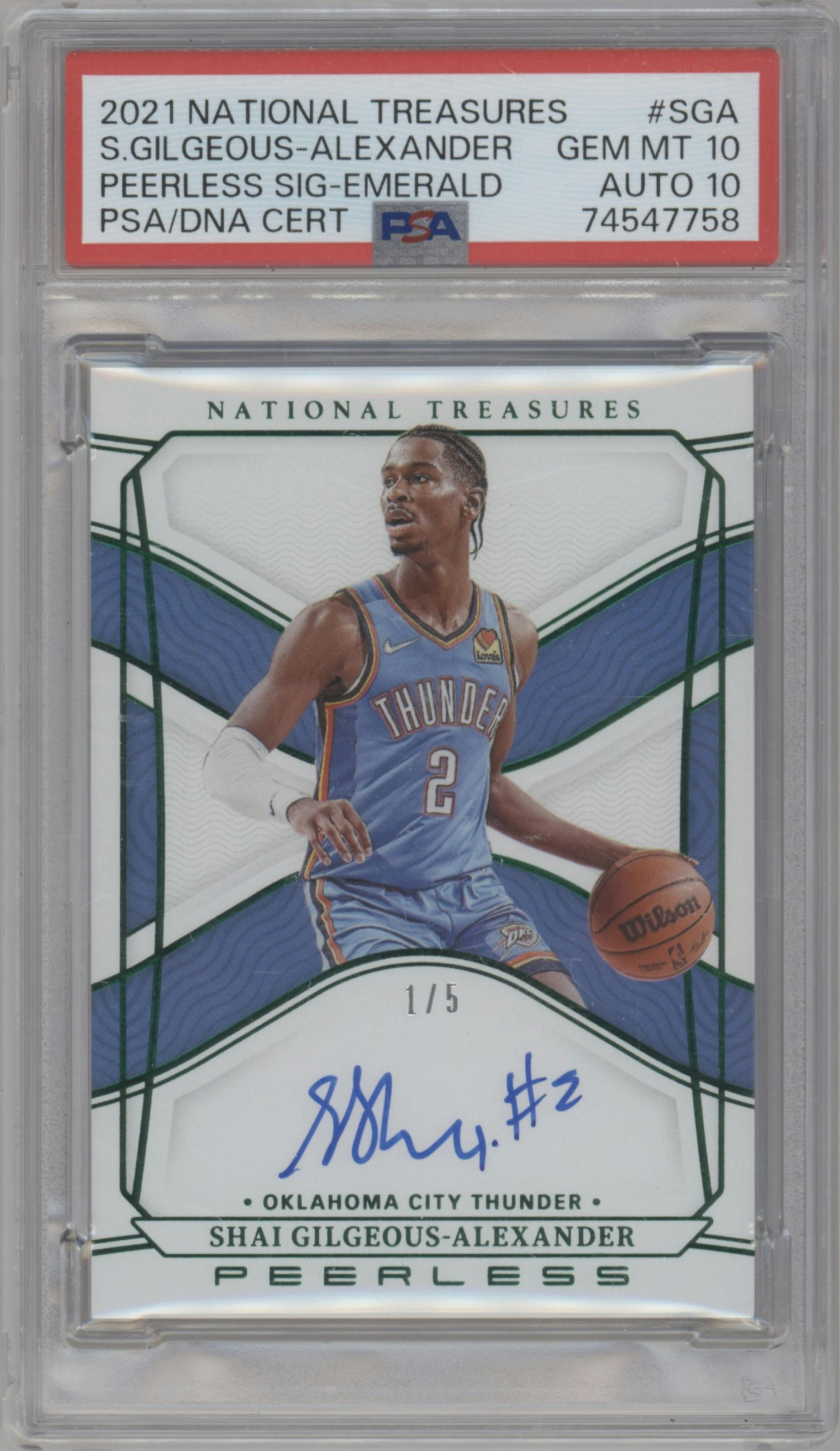 Shai Gilgeous-Alexander from the 2021-22 Panini National Treasures set featuring a Emerald parallel graded by PSA and given an overall grade of 10.