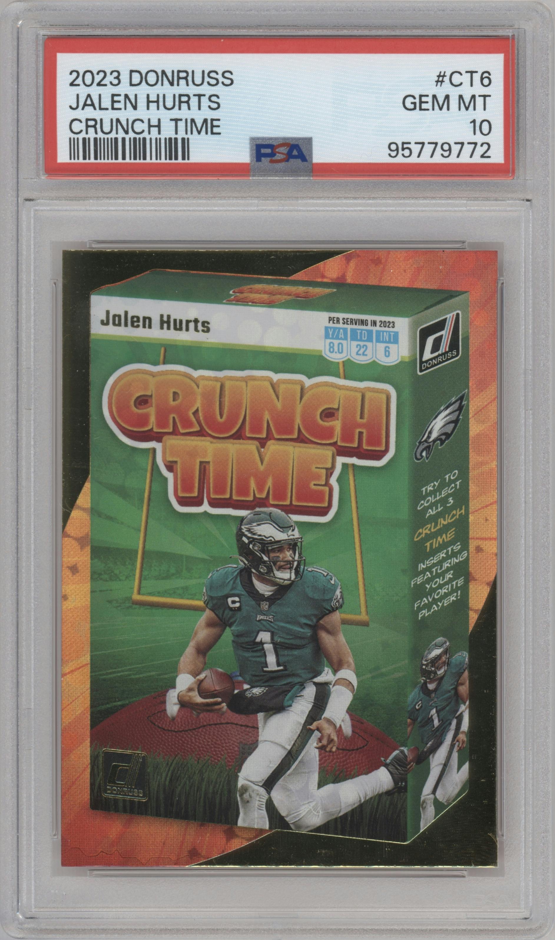 Jalen Hurts from the 2023 Panini Donruss set graded by PSA and given an overall grade of 10.