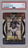 Caleb Williams from the 2024 Panini Select set featuring a Tri-Color Prizm parallel graded by PSA and given an overall grade of 9.