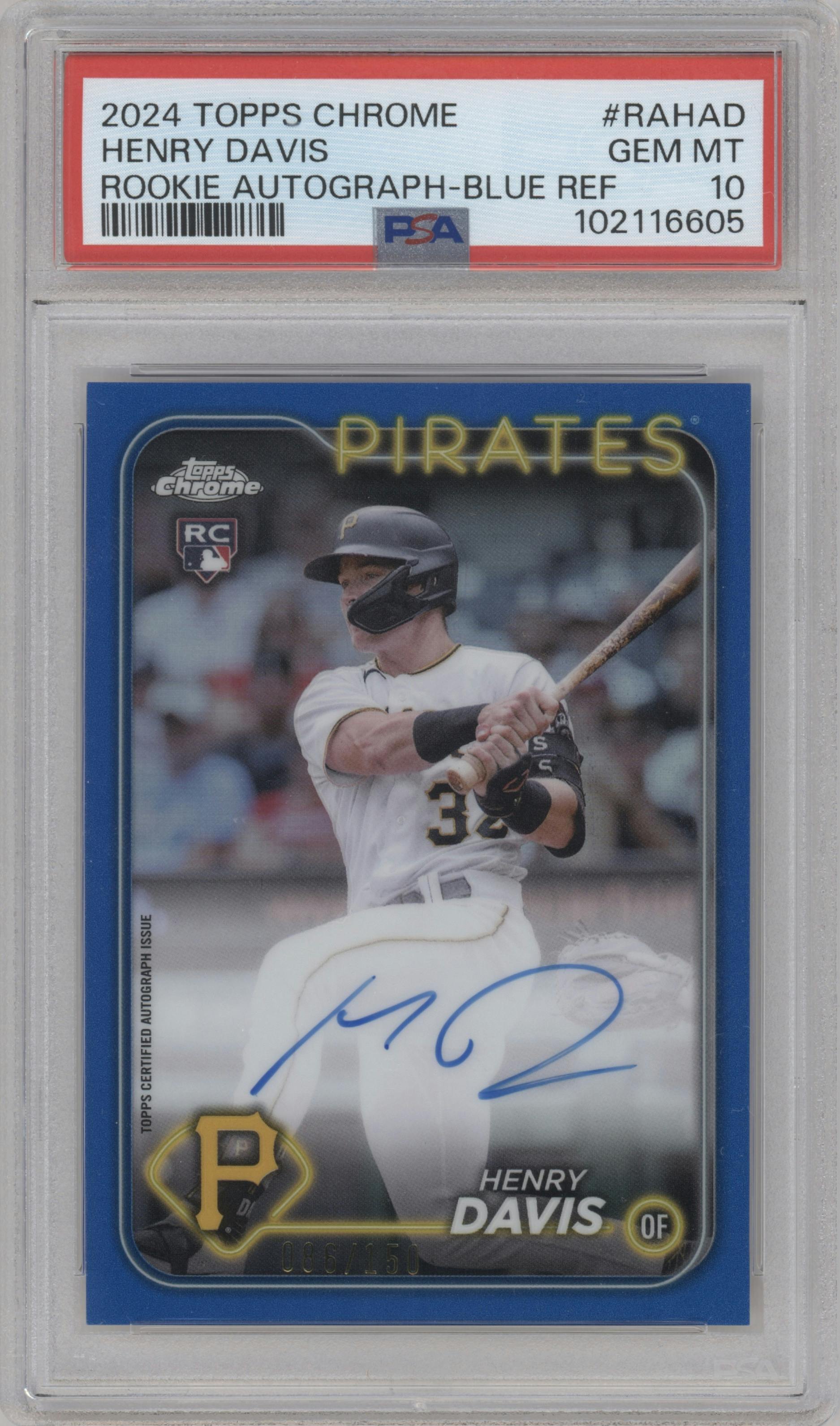 Henry Davis from the 2024 Topps Chrome set featuring a Blue Refractor parallel graded by PSA and given an overall grade of 10.