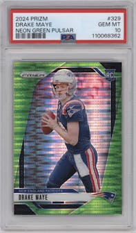 Drake Maye from the 2024 Panini Prizm set featuring a Neon Green Pulsar  parallel graded by PSA and given an overall grade of 10.