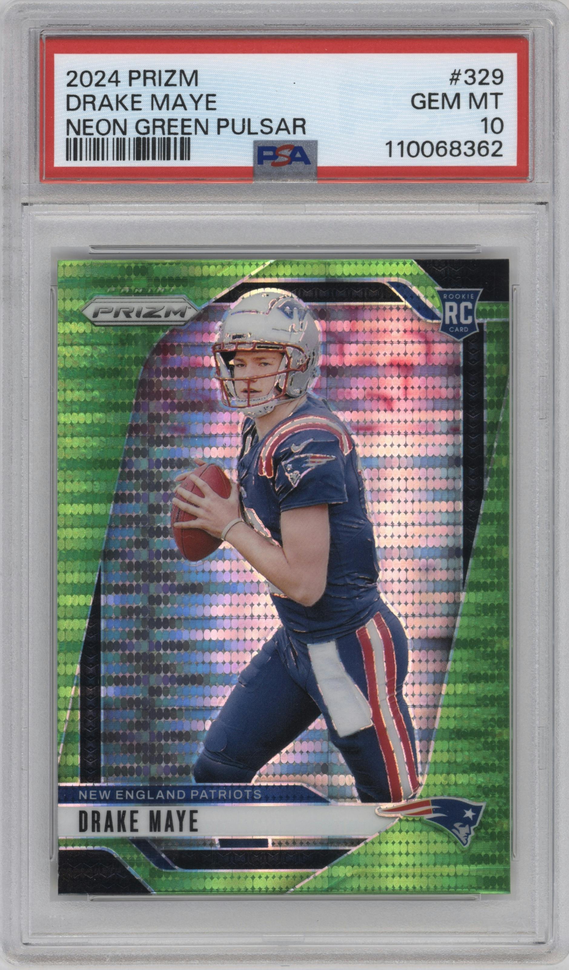 Drake Maye from the 2024 Panini Prizm set featuring a Neon Green Pulsar  parallel graded by PSA and given an overall grade of 10.