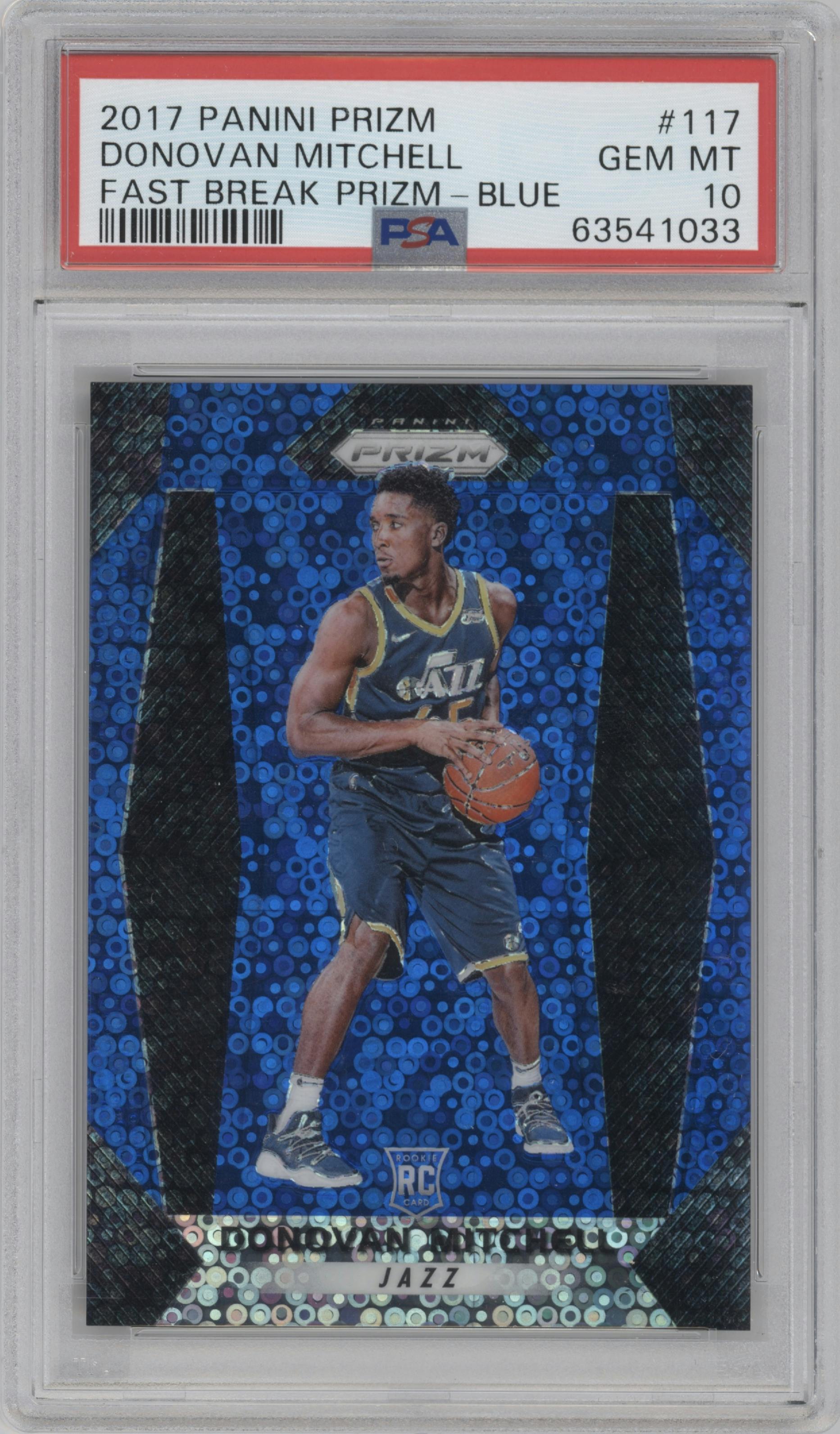 Donovan Mitchell from the 2017-18 Panini Prizm  set featuring a Fast Break Blue parallel graded by PSA and given an overall grade of 10.