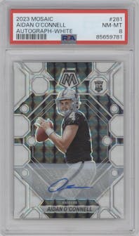 Aidan O'Connell from the 2023 Panini Mosaic set featuring a White Mosaic parallel graded by PSA and given an overall grade of 8.