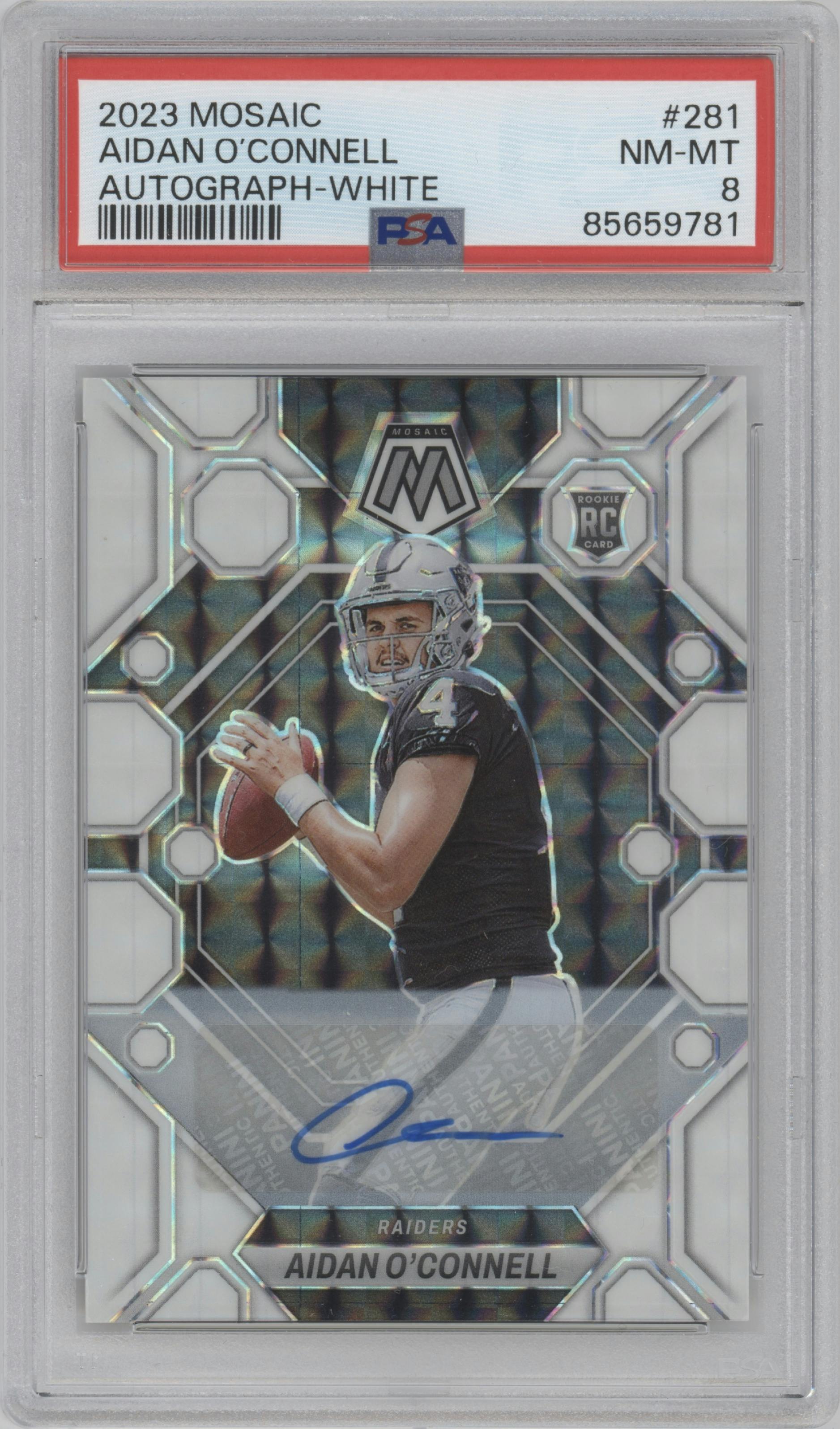 Aidan O'Connell from the 2023 Panini Mosaic set featuring a White Mosaic parallel graded by PSA and given an overall grade of 8.