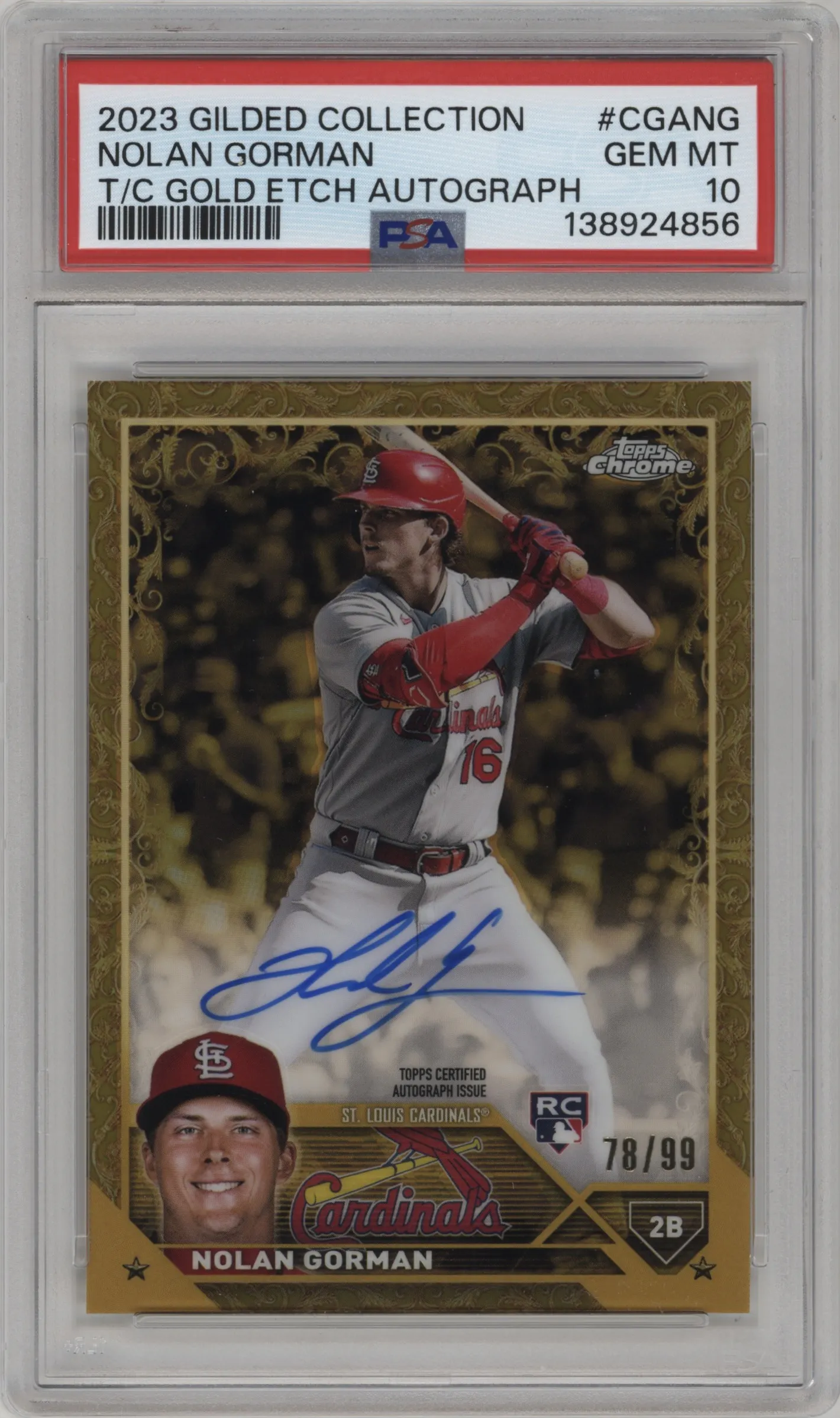 2023 Topps Gilded Collection Gold Etch Auto Nolan Gorman #CGA-NG PSA 10