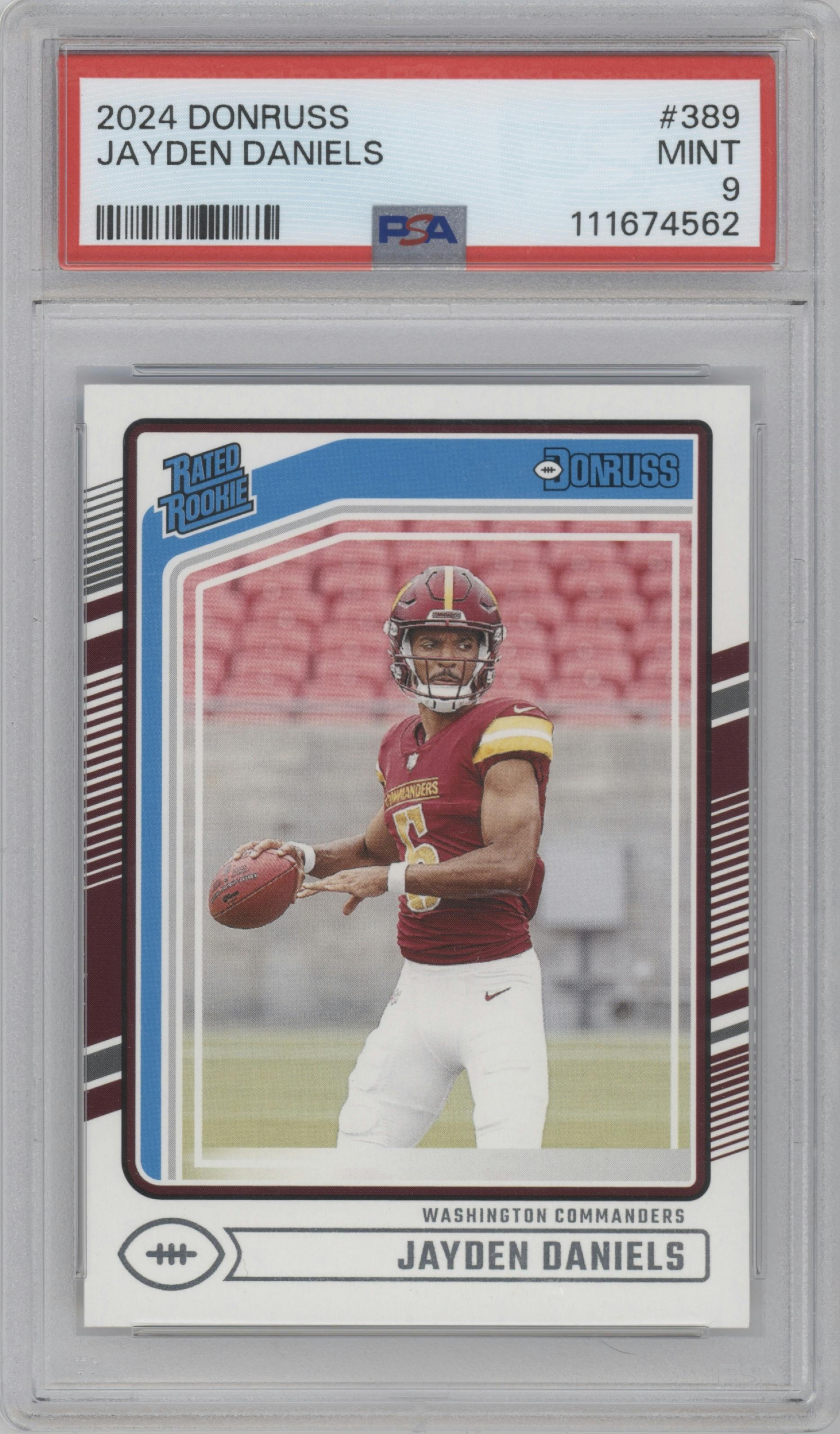 Jayden Daniels from the 2024 Donruss set graded by PSA and given an overall grade of 9.