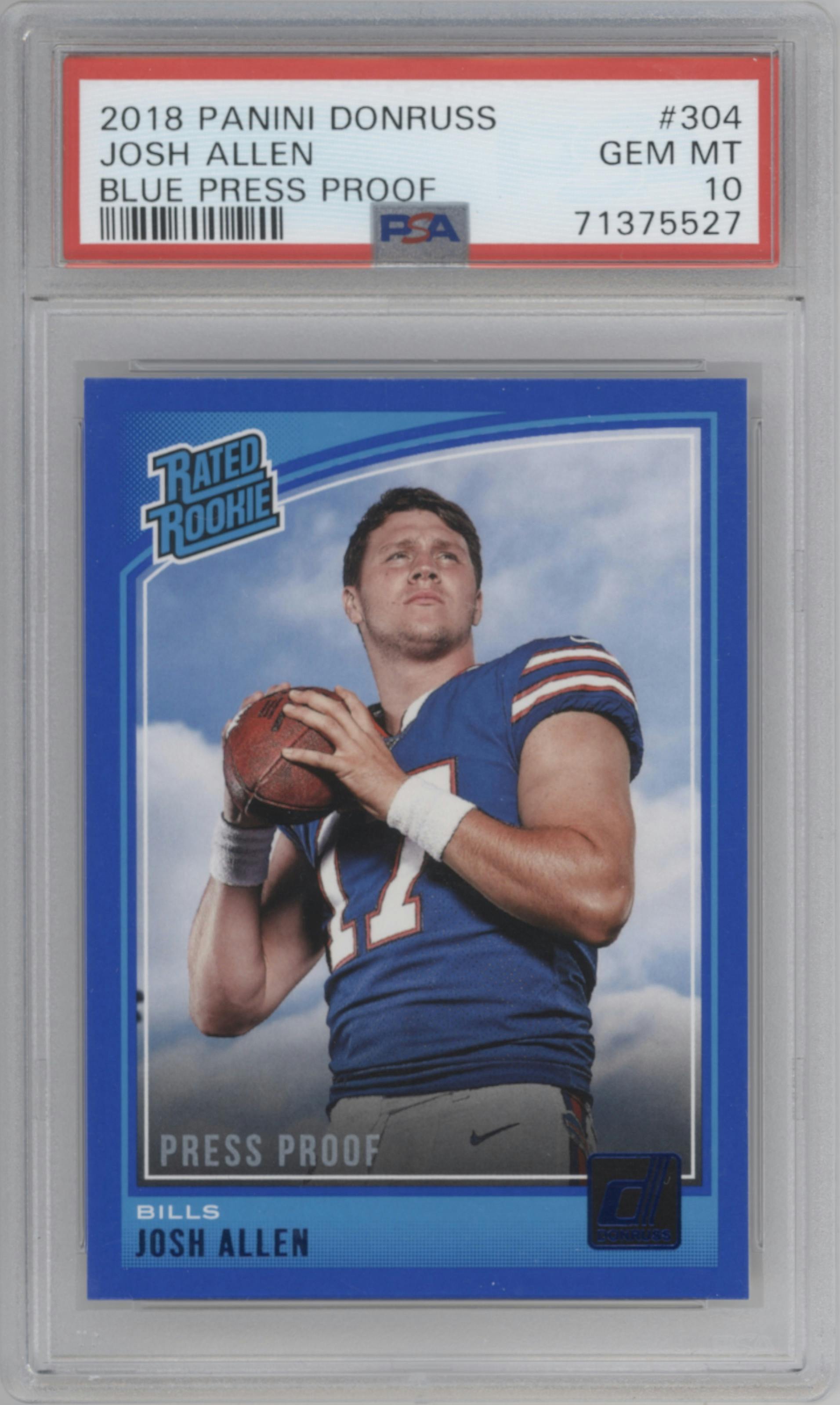 Josh Allen from the 2018 Panini Donruss set featuring a Press Proof Blue parallel graded by PSA and given an overall grade of 10.