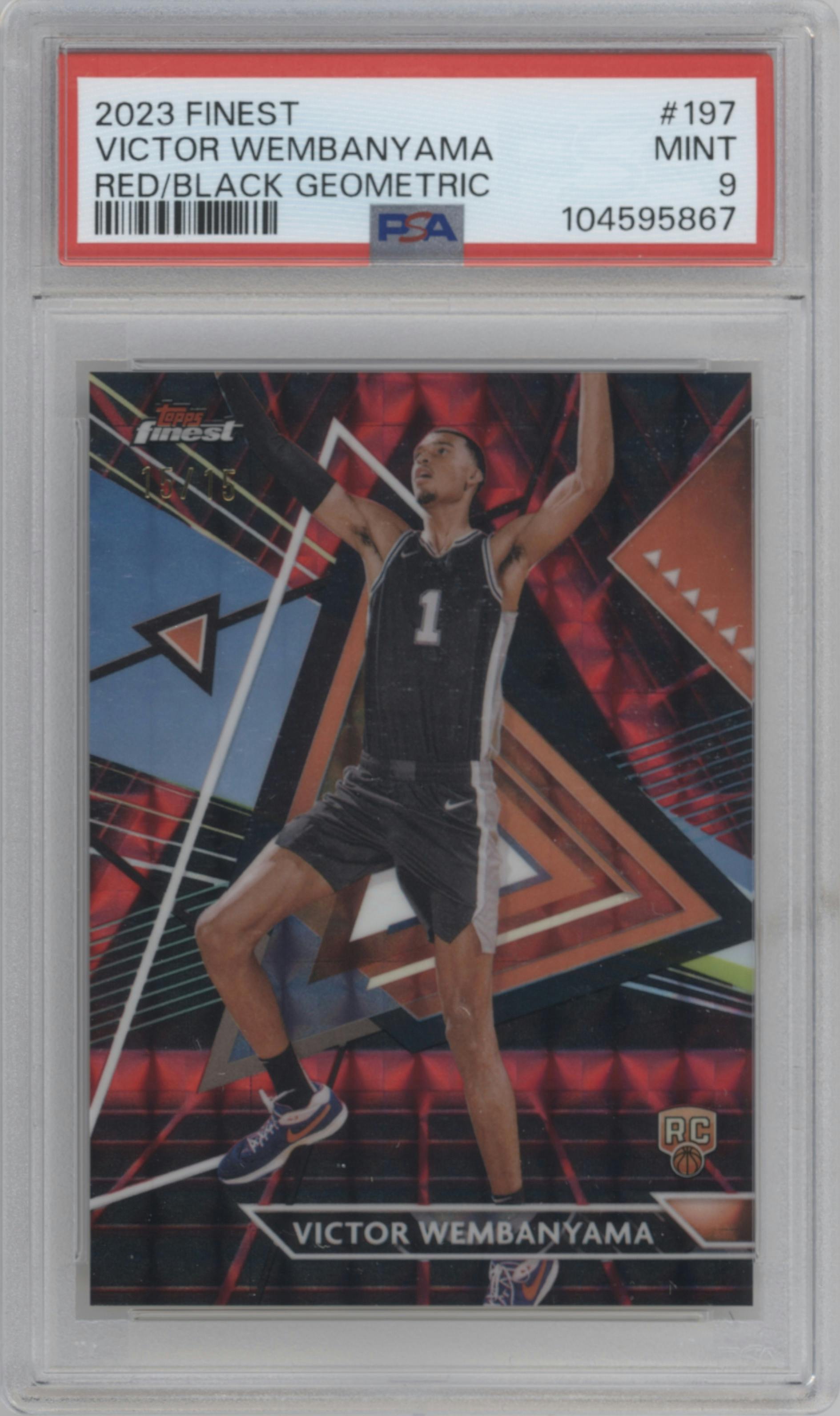 Victor Wembanyama from the 2023-24 Finest set featuring a Red & Black Geometric Refractor  parallel graded by PSA and given an overall grade of 9.