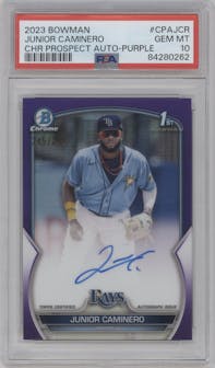 Junior Caminero from the 2023 Bowman  set featuring a Purple Refractor  parallel graded by PSA and given an overall grade of 10.