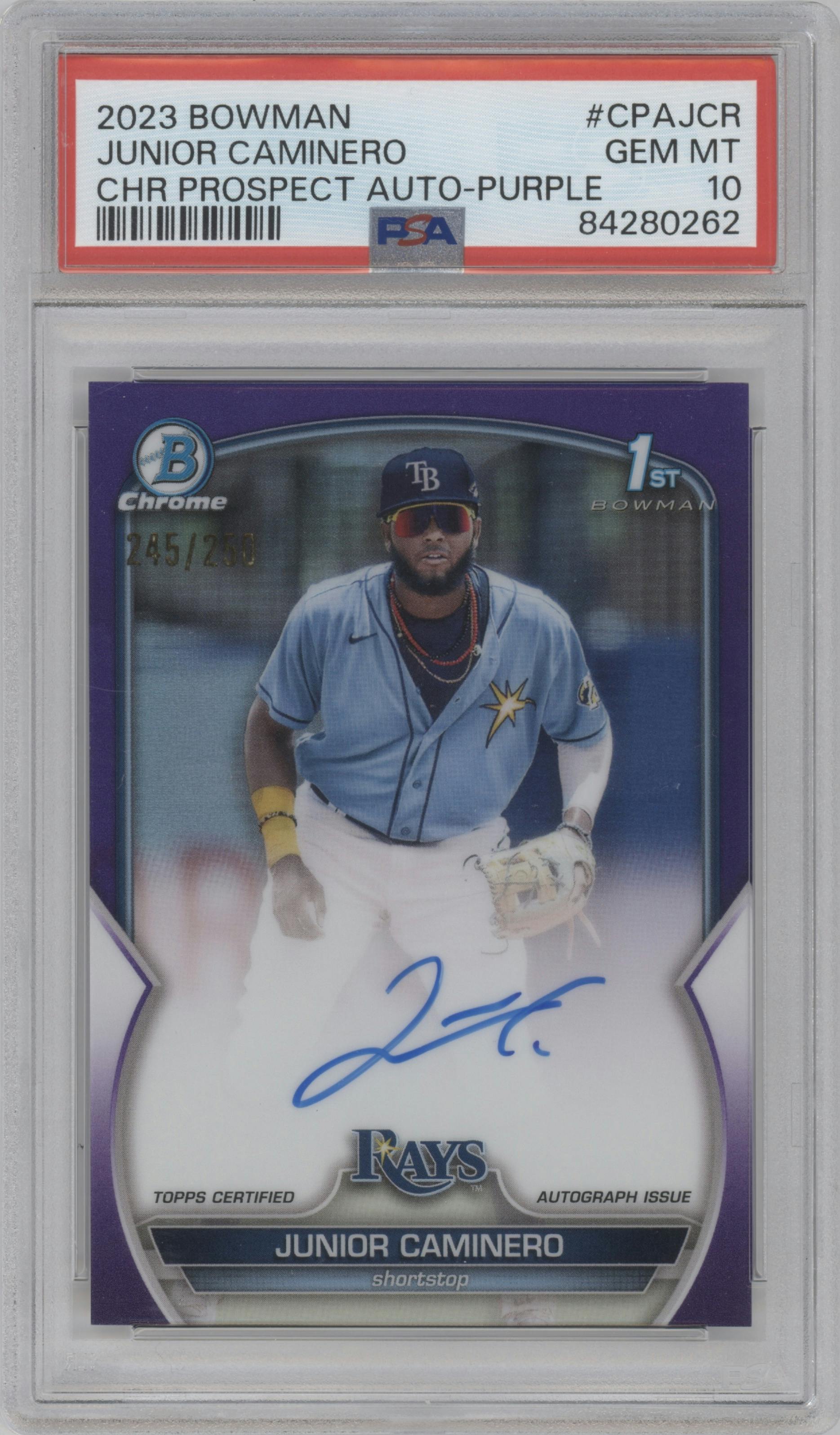 Junior Caminero from the 2023 Bowman  set featuring a Purple Refractor  parallel graded by PSA and given an overall grade of 10.