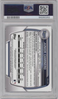 Junior Caminero from the 2023 Bowman  set featuring a Purple Refractor  parallel graded by PSA and given an overall grade of 10.