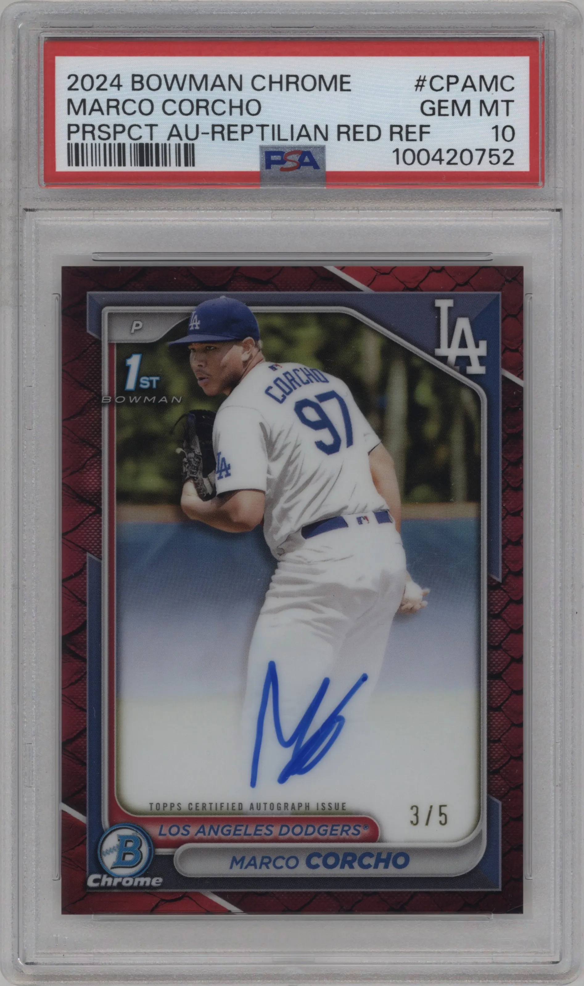 2024 Bowman Chrome Pros.Auto Marco Corcho Reptilian Red Refractor PSA 10