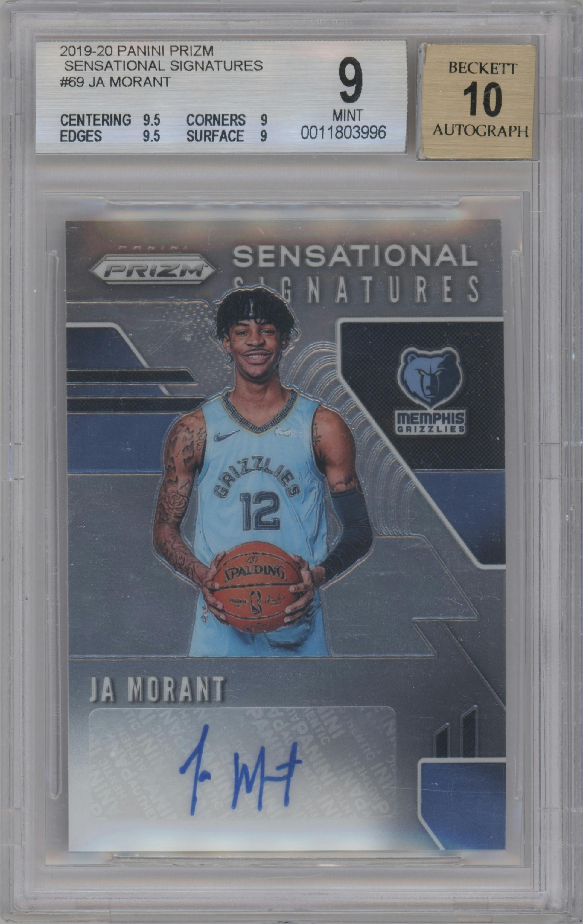 Ja Morant from the 2019-20 Panini Prizm set graded by Beckett and given an overall grade of 9.