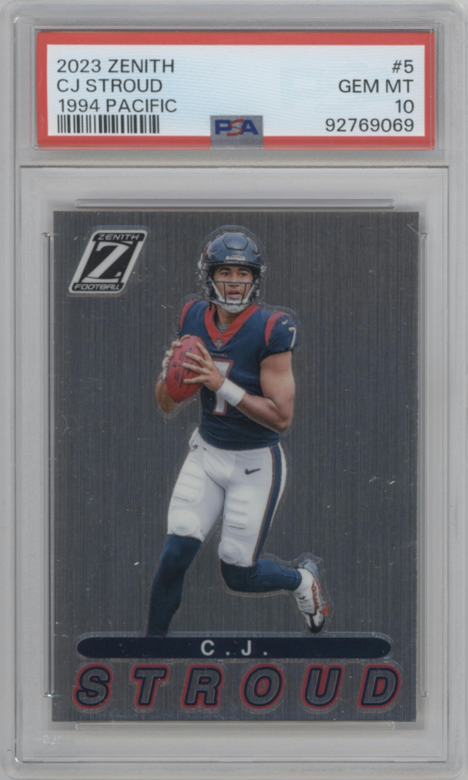 C.J. Stroud from the 2023 Panini Zenith set graded by PSA and given an overall grade of 10.
