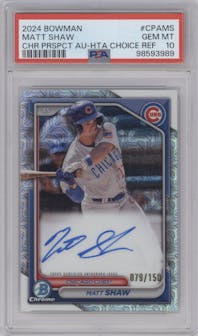 Matt Shaw from the 2024 Bowman set featuring a HTA Choice parallel graded by PSA and given an overall grade of 10.
