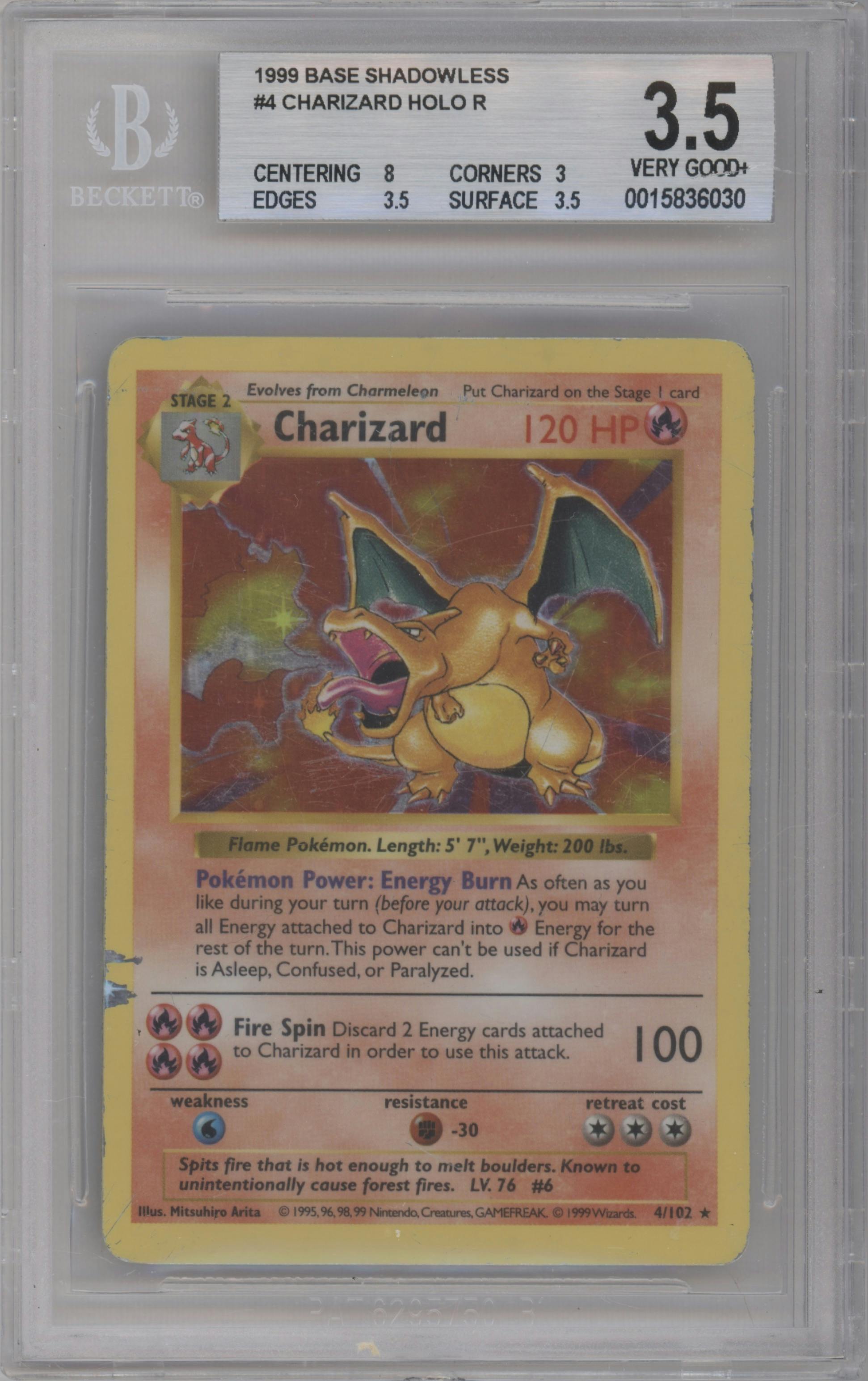 Charizard from the 1999 Pokemon set graded by Beckett and given an overall grade of 3.5.