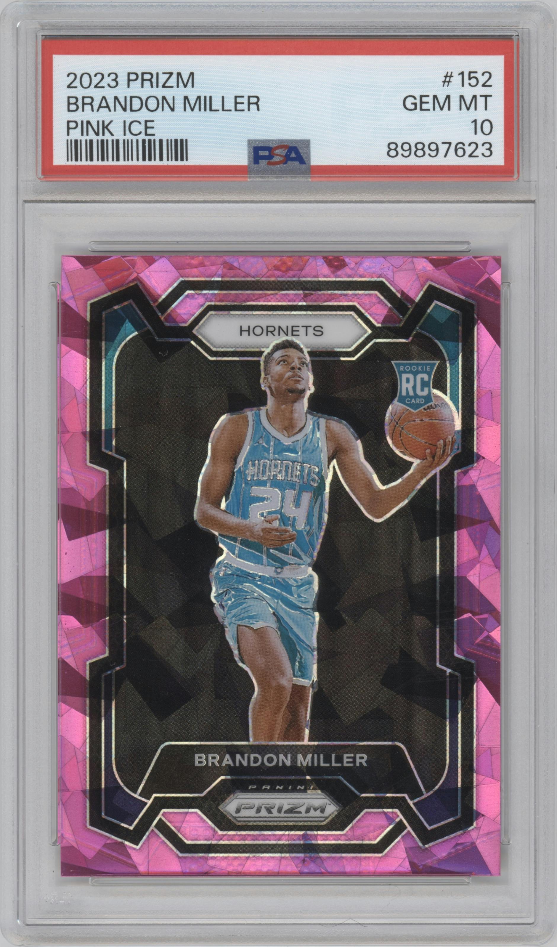 Brandon Miller from the 2023-24 Panini Prizm set featuring a Pink Ice parallel graded by PSA and given an overall grade of 10.