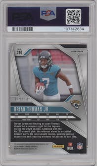 Brian Thomas Jr. from the 2024 Panini Prizm set featuring a Red Wave parallel graded by PSA and given an overall grade of 9.