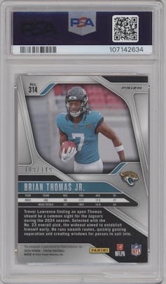 Brian Thomas Jr. from the 2024 Panini Prizm set featuring a Red Wave parallel graded by PSA and given an overall grade of 9.