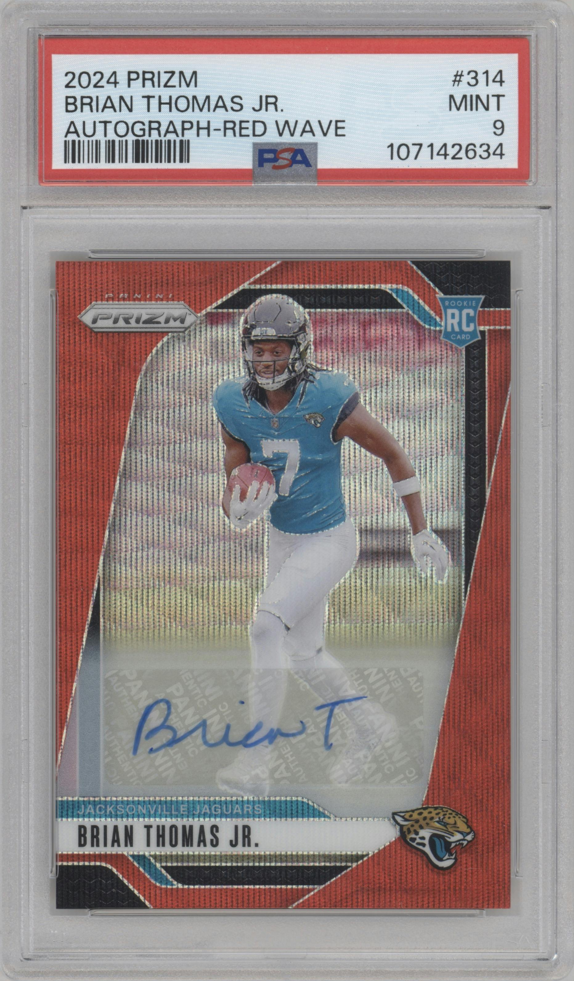 Brian Thomas Jr. from the 2024 Panini Prizm set featuring a Red Wave parallel graded by PSA and given an overall grade of 9.