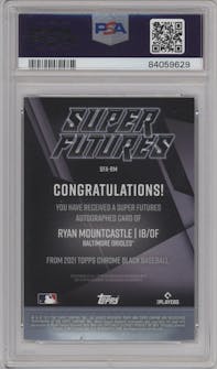 Ryan Mountcastle from the 2021 Topps Chrome Black set featuring a Red Refractor  parallel graded by PSA and given an overall grade of 10.