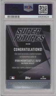 Ryan Mountcastle from the 2021 Topps Chrome Black set featuring a Red Refractor  parallel graded by PSA and given an overall grade of 10.