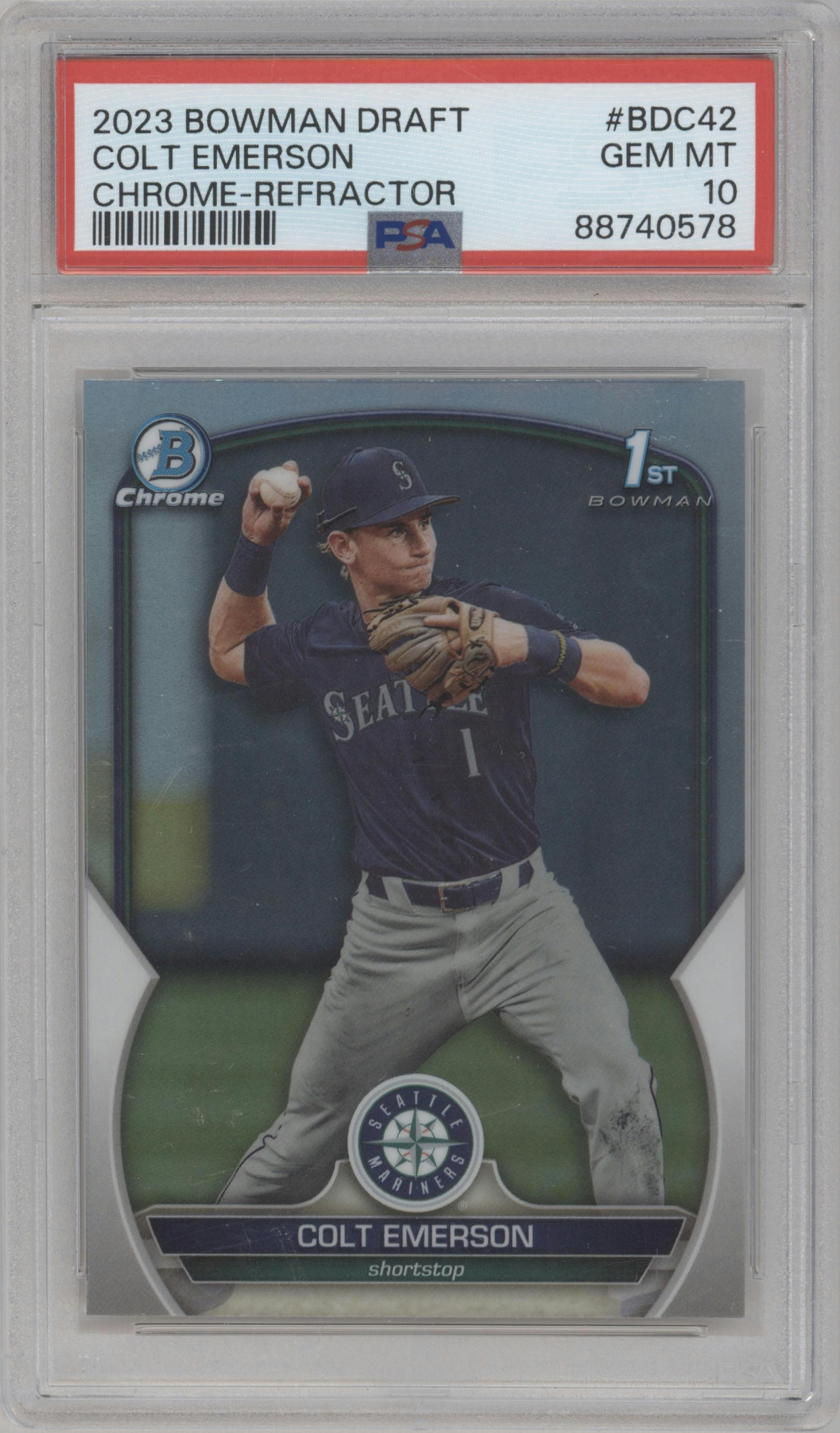 Colt Emerson from the 2023 Bowman Draft set featuring a Refractor parallel graded by PSA and given an overall grade of 10.