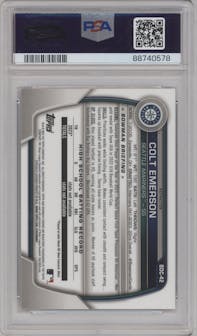 Colt Emerson from the 2023 Bowman Draft set featuring a Refractor parallel graded by PSA and given an overall grade of 10.