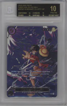 Monkey.D.Luffy from the 2025 One Piece set featuring a Alternate Art parallel graded by Beckett and given an overall grade of 10.