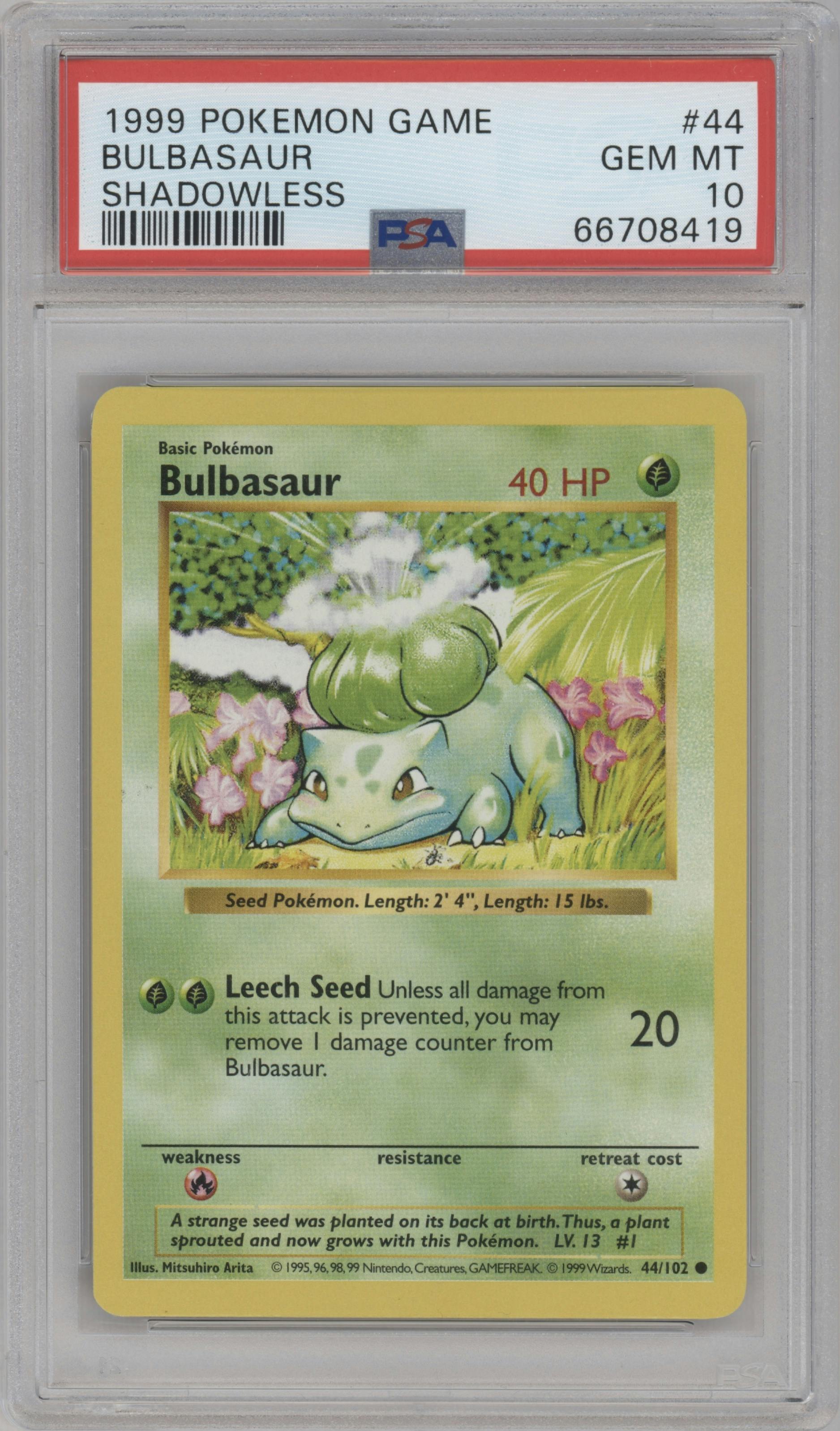 Bulbasaur from the 1999 Pokemon set graded by PSA and given an overall grade of 10.