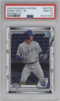 Bobby Witt Jr. from the 2020 Bowman Chrome set graded by PSA and given an overall grade of 10.