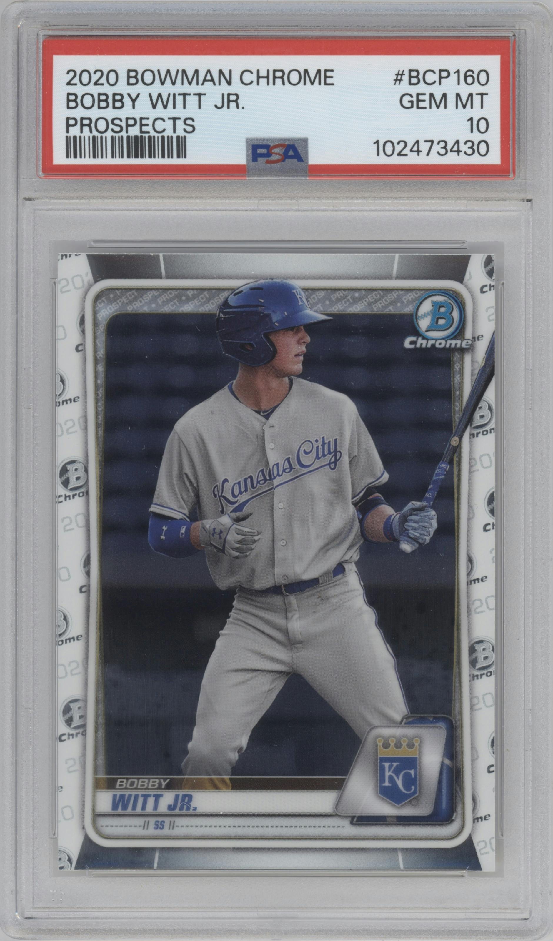 Bobby Witt Jr. from the 2020 Bowman Chrome set graded by PSA and given an overall grade of 10.