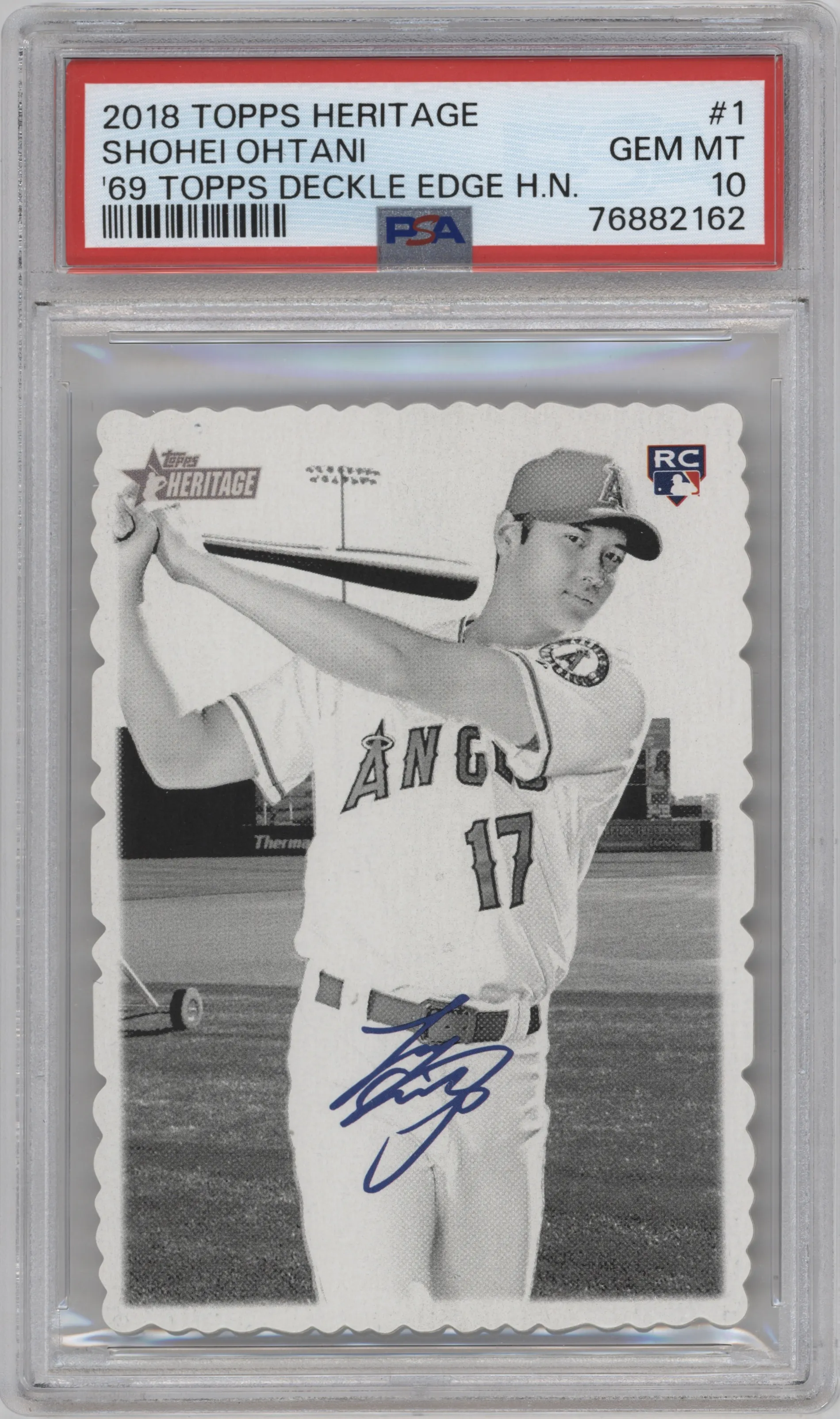 Shohei Ohtani from the 2018 Topps Heritage High Number set graded by PSA and given an overall grade of 10.
