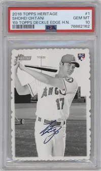 Shohei Ohtani from the 2018 Topps Heritage High Number set graded by PSA and given an overall grade of 10.
