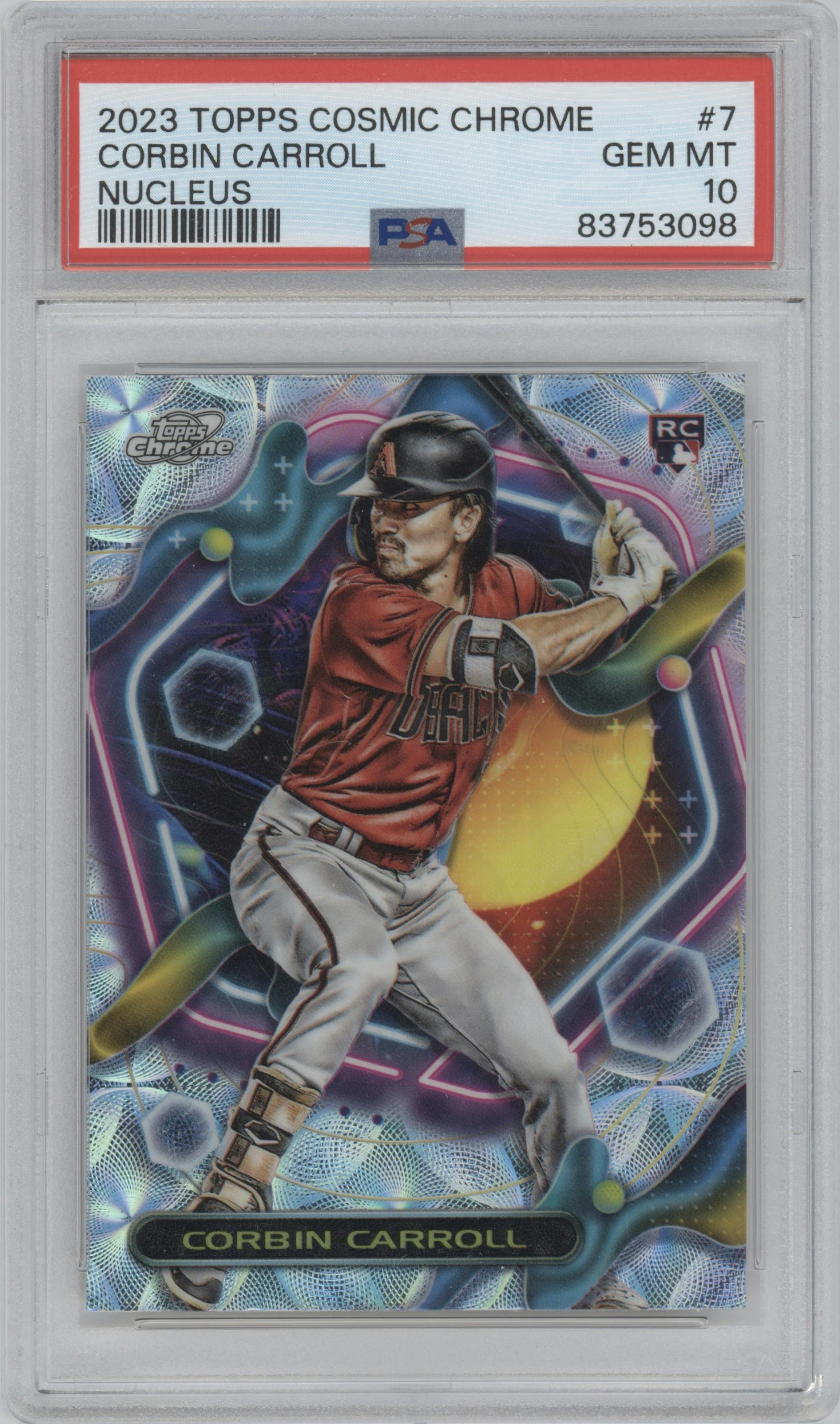 Corbin Carroll from the 2023 Topps Cosmic Chrome set featuring a Nucleus Refractor parallel graded by PSA and given an overall grade of 10.