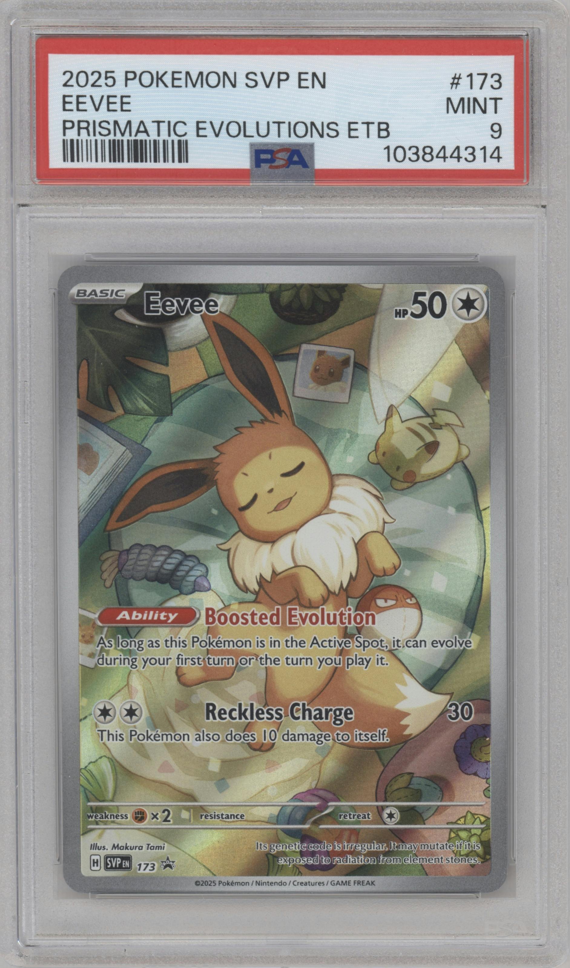 Eevee from the 2025 Pokemon SV set featuring a Prismatic Evolutions Elite Trainer Box parallel graded by PSA and given an overall grade of 9.