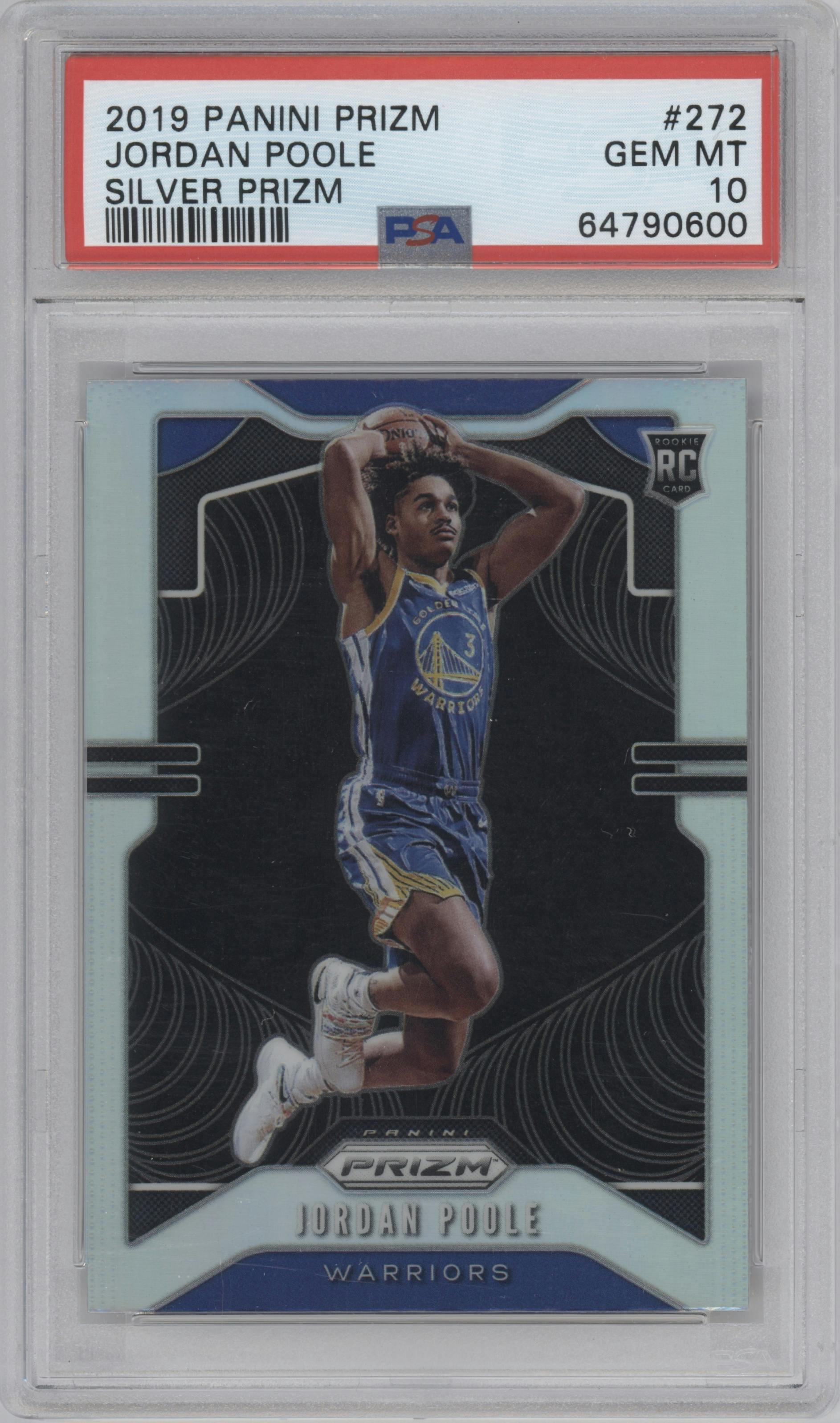Jordan Poole from the 2019-20 Panini Prizm set featuring a Silver Prizm parallel graded by PSA and given an overall grade of 10.