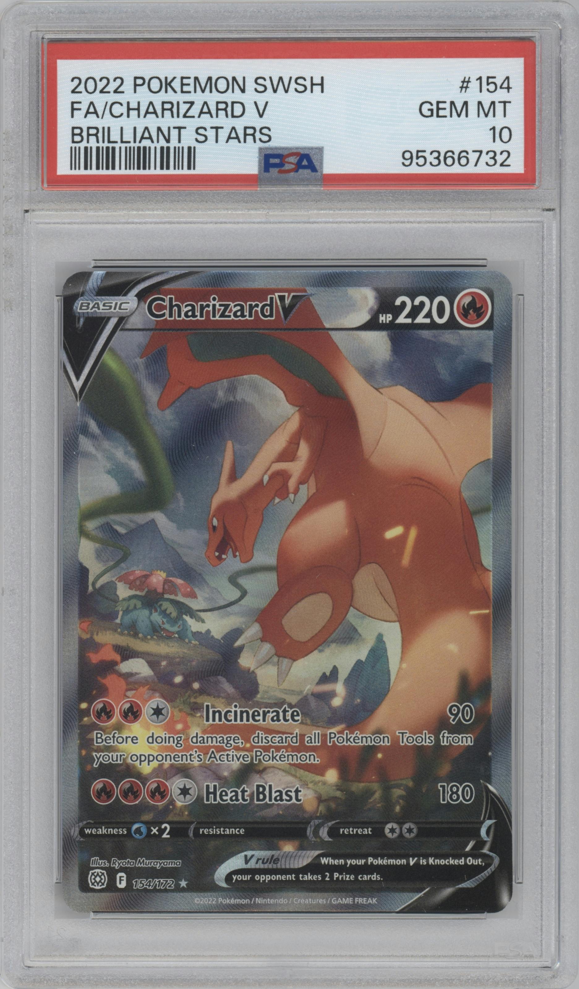 Charizard V from the 2022 Pokemon SWSH set graded by PSA and given an overall grade of 10.