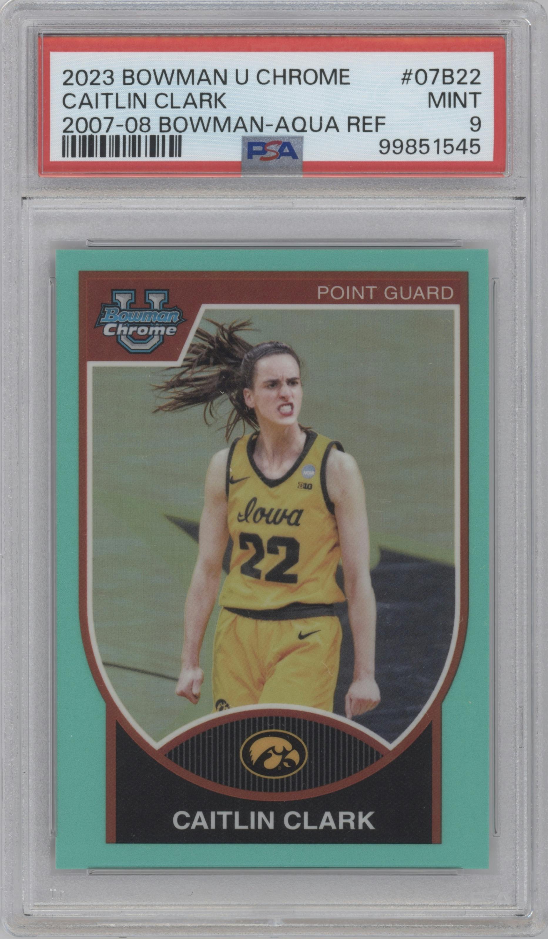 Caitlin Clark  from the 2023-24 Bowman U Chrome set featuring a Aqua Refractor parallel graded by PSA and given an overall grade of 9.