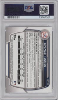 Spencer Jones from the 2023 Bowman  set featuring a Lunar Glow Refractor  parallel graded by PSA and given an overall grade of 10.