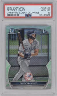 Spencer Jones from the 2023 Bowman  set featuring a Lunar Glow Refractor  parallel graded by PSA and given an overall grade of 10.