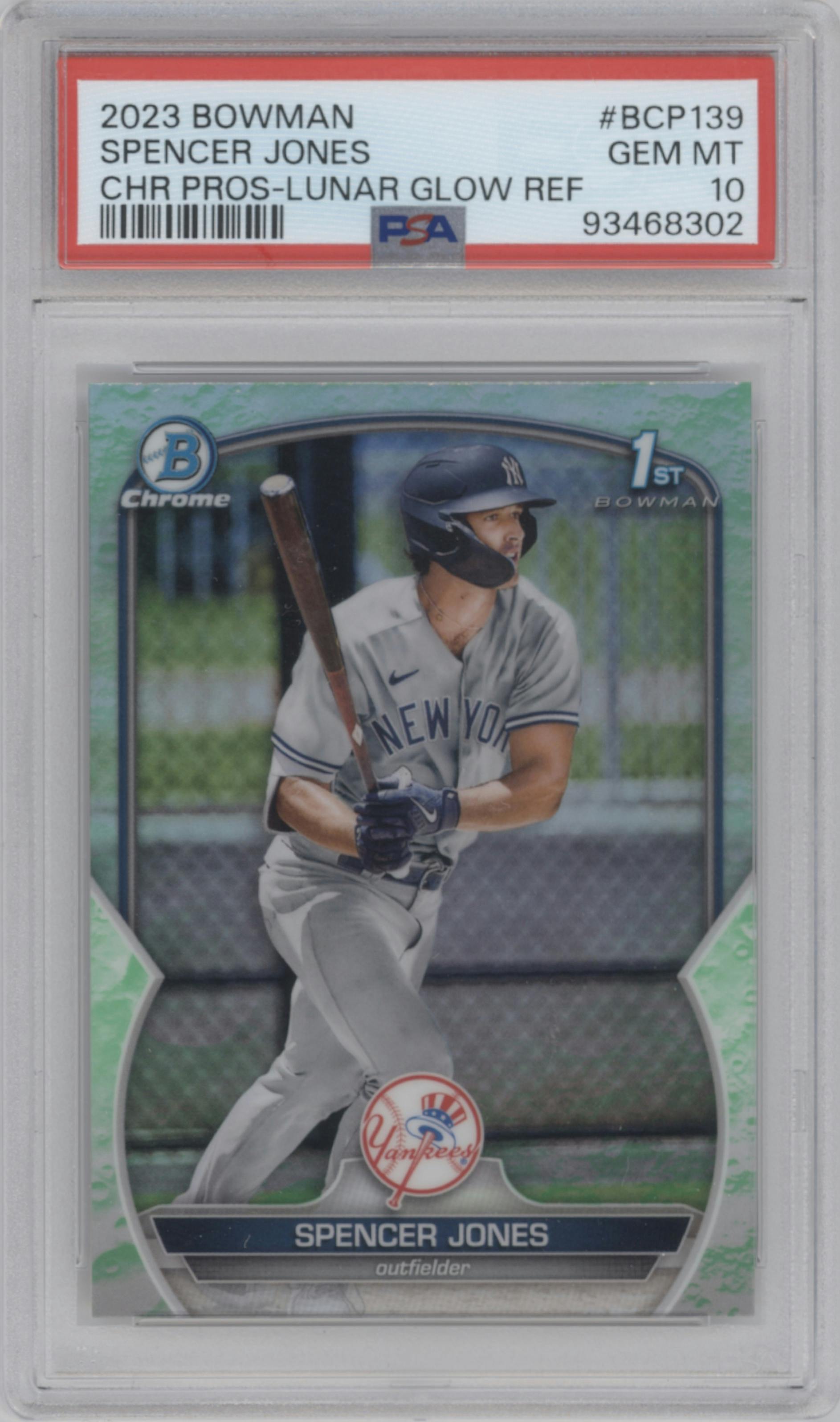 Spencer Jones from the 2023 Bowman  set featuring a Lunar Glow Refractor  parallel graded by PSA and given an overall grade of 10.