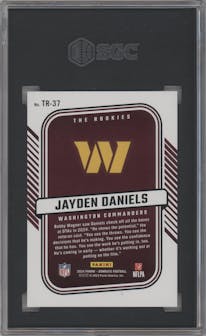 Jayden Daniels from the 2024 Donruss set graded by SGC and given an overall grade of 10.
