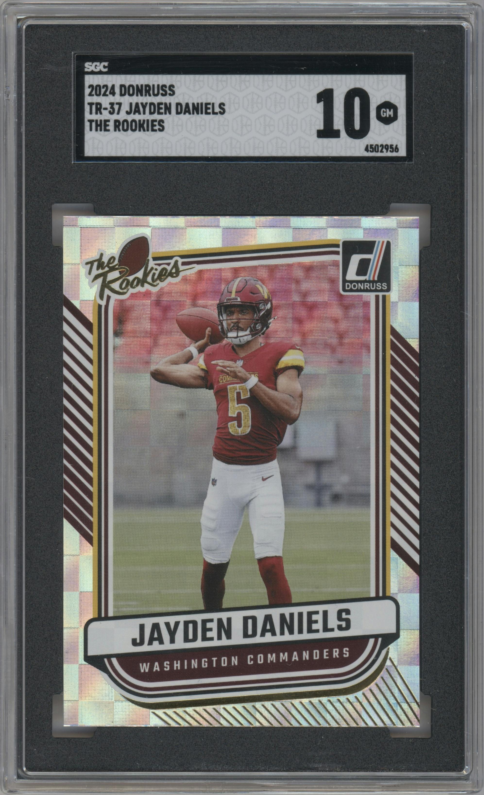 Jayden Daniels from the 2024 Donruss set graded by SGC and given an overall grade of 10.